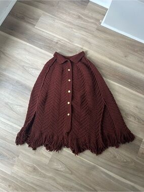 Handmade vintage Crocheted Fringe Button-Up Cape/Poncho in Deep Brown